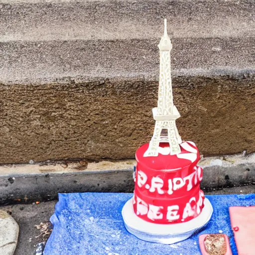 Image similar to a cake on a sidewalk in front of the eiffel tower