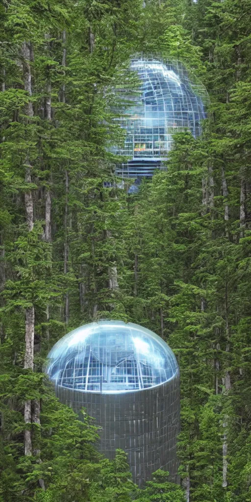 Prompt: cyber punk bio-dome skyscraper high on top of tall forest mountain, with a quarentine containment wall bordering the building