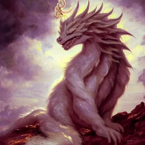 Prompt: white Luck dragon sitting on the cumulous and cirrostratus clouds, playing an ornate harp, never ending story, hyper realistic fur, illustration, concept art, artstation, yellow lighting from right, sunset, reflections, heartwarming, peaceful, 4k, art of ILM, style of trending artstation, by Eugène Delacroix, John Constable, J M W Turner, Romanticism