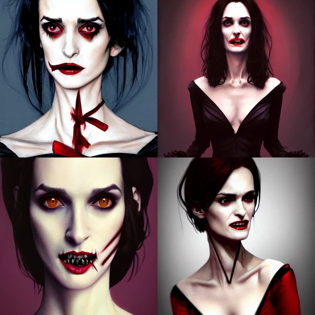 Prompt: gorgeous female Winona Ryder vampire sharp teeth in a pretty dress, realistic character concept, elegant pose, horror, illustration, slender symmetrical face and body, symmetrical eyes, artstation, cinematic lighting, hyperdetailed, cgsociety, 8k, high resolution, Joshua Middleton, Norman Rockwell, Rafael Albuquerque, Nick Dragotta, single face, insanely detailed and intricate, beautiful, elegant, dark blue background, vfx, postprocessing