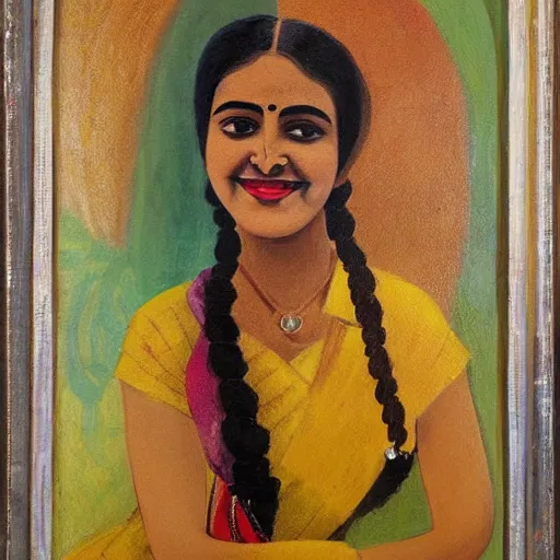 Prompt: representation of a young woman with a happy face in the year 1946 by the Indian painter Sawlaram Haldankar