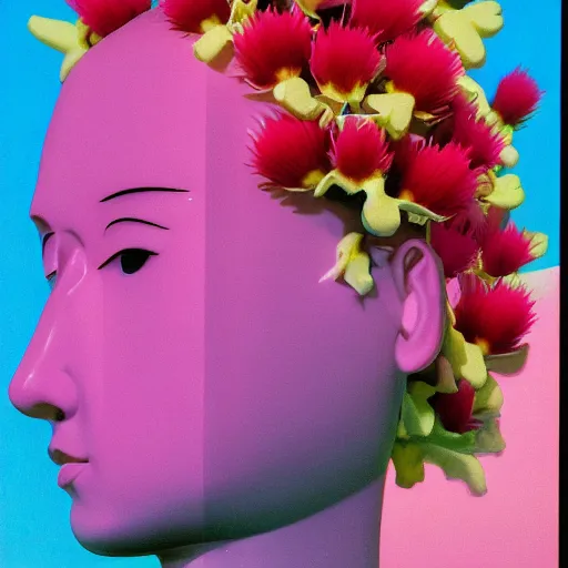 Image similar to Hiroshi Nagai, award winning masterpiece with incredible details, Hiroshi Nagai, a surreal vaporwave vaporwave vaporwave vaporwave vaporwave painting by Hiroshi Nagai of an old pink mannequin head with flowers growing out, sinking underwater, highly detailed Hiroshi Nagai