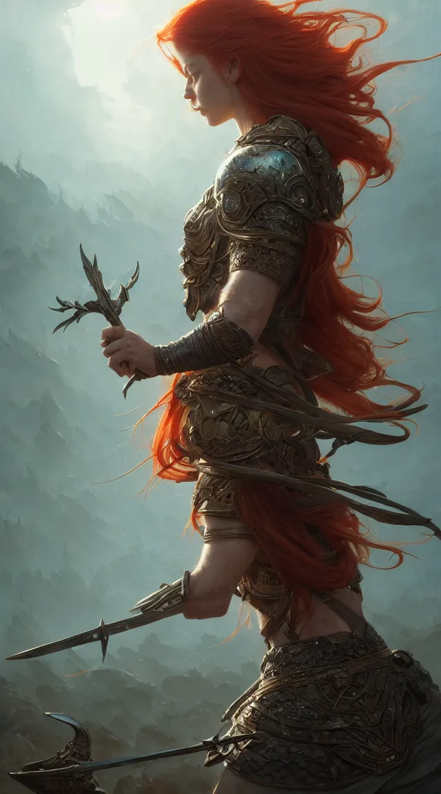 Image similar to highly detailed portrait of a warrior redhead woman, elden ring, stephen bliss, fantasy art by greg rutkowski, loish, rhads, ferdinand knab, makoto shinkai and lois van baarle, ilya kuvshinov, rossdraws, tom bagshaw, global illumination, radiant light, detailed and intricate environment