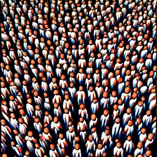 Image similar to hyperrealistic photography of highly detailed where's wally? by caravaggio and martin handford wiew from above