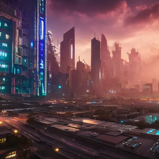 Image similar to cyberpunk city lviv, a lot of future technologies, flying cars, unreal engine, octane render, epic scale, cinema view, 8 k