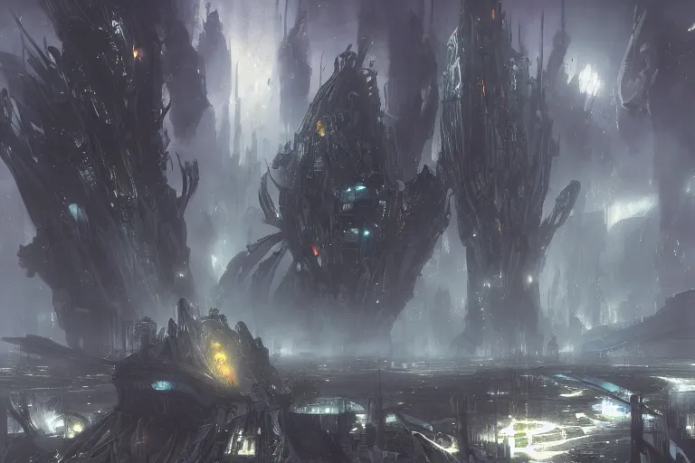 Image similar to a vast planetary sci-fi city, In style of Bekisnski, Tsutomu Nihei, Dark Fantasy, warhammer 40.000, oil on canvas, artstation, dramatic scenery, masterpiece, aesthetic