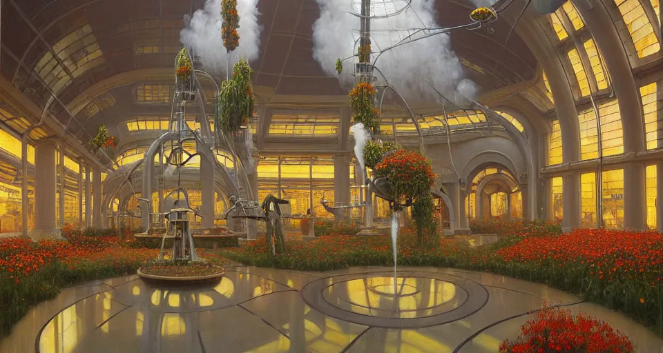 Image similar to a minimalist oil painting by donato giancola and james gurney vaulted ceilings, warm coloured, cinematic scifi luxurious futuristic foggy steam filled garden circular shopping mall interior with microscopy giant windows flowers growing out of pretty bulbous ceramic fountains, gigantic pillars and flowers, maschinen krieger, beeple, star trek, star wars