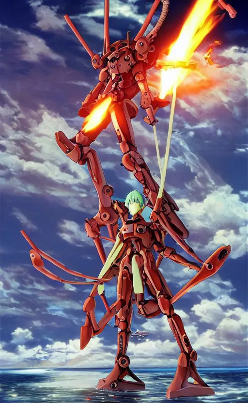 Image similar to < evangelion unit - 0 3 > stands in the ocean with a big < steampunk guitar >, movie poster,, 3 d anime, arcane style, retropunk, high resolution, 4 k, retrofuturism, by < yoshiyuki sadamoto > and ghibli