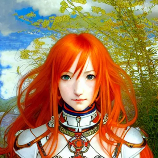 Prompt: Masterpiece head and shoulders portrait of Asuna Yuuki, young woman with orange hair wearing a partial paladin armor with a red skirt and white top, face, fantasy, intricate, elegant, highly detailed drawn by Donato Giancola and Fernanda Suarez and Artem Demura, face by Artgerm and Edmund Leighton, Alphonse Mucha, background by James Jean and Gustav Klimt, 4k, porcelain skin, komorebi, french nouveau, trending on pixiv, octane render, hyperrealistic