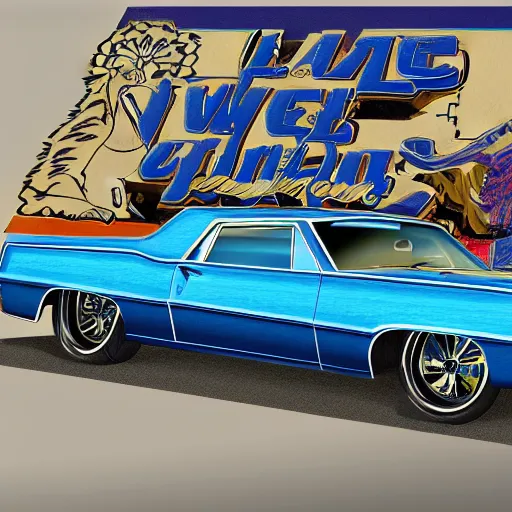 Prompt: a 1967 lowrider that has blue paint with flames on it in the style of GTA V cover art, award winning, award winning shading, hyperdetailed, trending on artstation, masterpiece