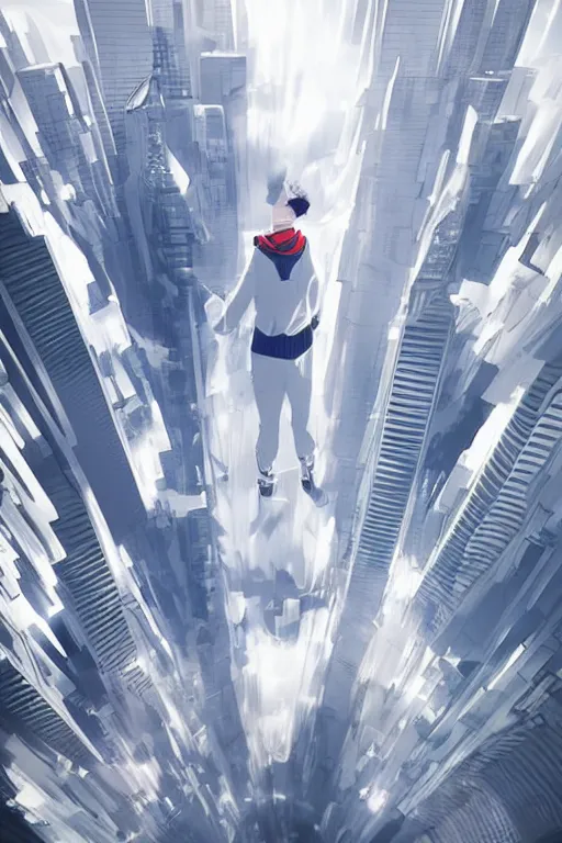 Prompt: man in white tracksuit overlooking a futuristic city, style of Mirror\'s Edge, dreamy, beautiful clouds, beautiful artwork by Makato Shinkai, futuristic