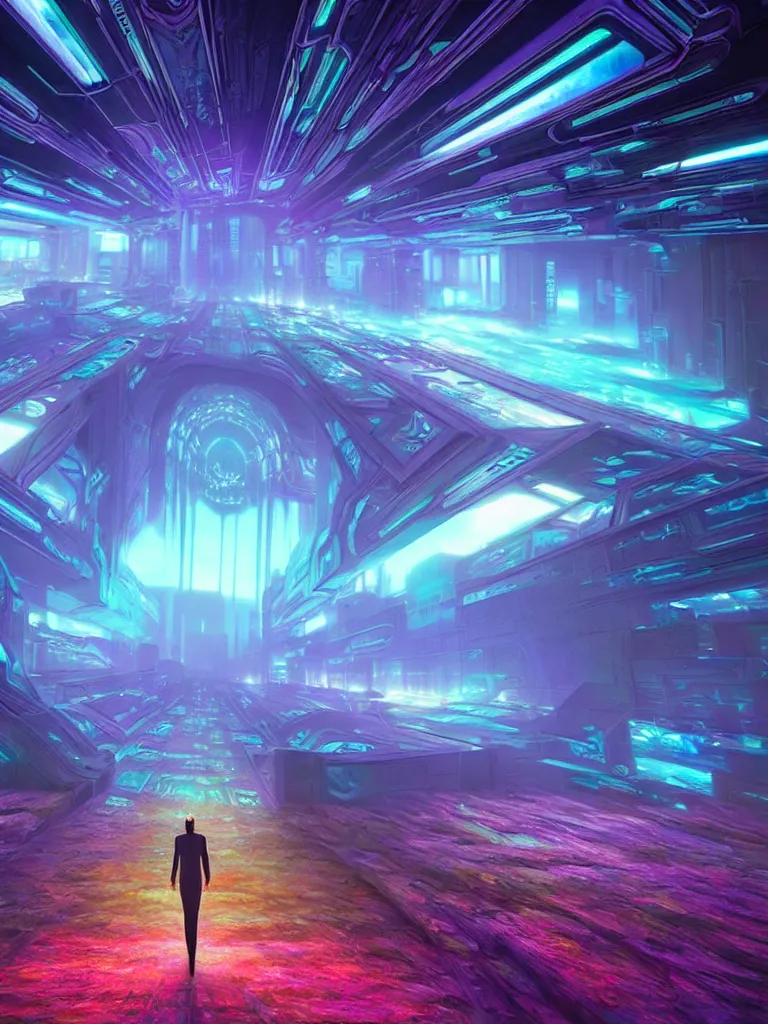 Image similar to entrance to ethereal realm, rendered in unreal engine, central composition, symmetrical composition, dreamy colourful cyberpunk colors, 6 point perspective, fantasy landscape with anthropomorphic!!! terrain!!! in the styles of igor morski, jim warren, and rob gonsalves, intricate, hyperrealistic, volumetric lighting, big sky, distinct horizon