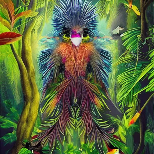 Image similar to mystical folk birdhuman character on a tropical forest, realistic proportions, hyper realism, mystic painting, glitch art, poster art, japanese design