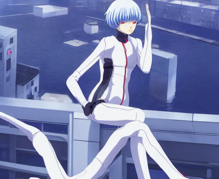 Image similar to anime art, fullbody shot of female rei ayanami, evangelion, long blue hair and large eyes, finely detailed perfect face, in a pale skintight plugsuit, sitting on rooftop, flooded city, trending on pixiv fanbox, by ilya kuvshinov, sola digital arts,, raytracing