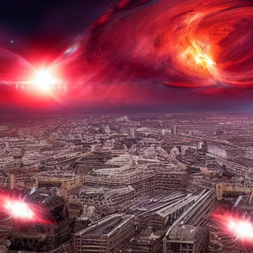 Image similar to movie still of a black hole destroying london 4 k, part of buildings flying into the black hole, post apocalypse