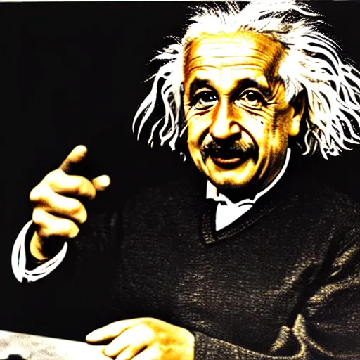 Image similar to color photograph of Albert Einstein DJ at a nightclub, in color, color photograph, colors
