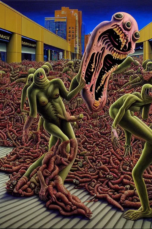 Image similar to a hyperrealistic painting of a parasite vampire invasion at the shopping mall, by chris cunningham and richard corben, highly detailed, vivid color,