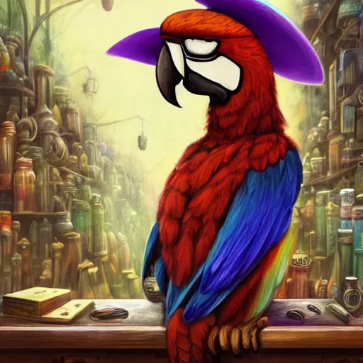 Prompt: Anthropomorphic parrot trader in his shop, shelves full, selling a gem, portrait, items, magic potions, carpet, window, fancy funny hat, sly expression , cunning expression, cute expression, presenting magic gem, D&D, fantasy, cinematic lighting, highly detailed, digital painting, artstation, concept art, smooth, sharp focus, illustration, warm light, cozy warm tint, magic the gathering artwork, volumetric lighting, 8k, no gold, no gold colours, art by Akihiko Yoshida, Greg Rutkowski