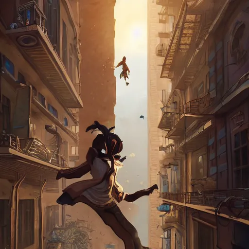 Image similar to First person POV of a character jumping through the window of a tall building in a bustling steampunk city built in the desert, game concept art, artstation, digital painting