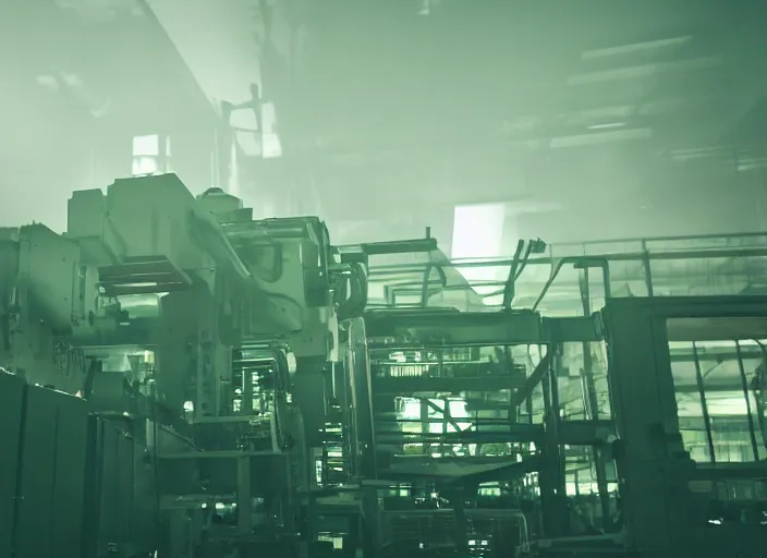 Prompt: close up of an huge machine standing alone in a factory, green ambient light, light fog, creepy, cinematic still, 4k