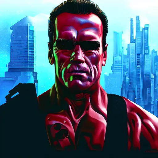 Image similar to cyberpunk arnold schwarzenegger from the movie red heat as the leader of a futuristic communist society, cybernetics, sharp lines, digital, artstation, colored in