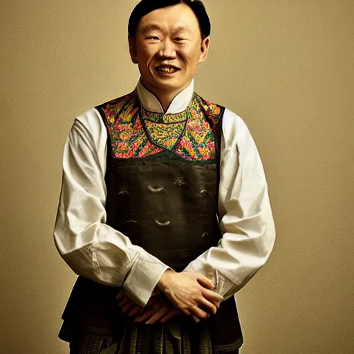 Image similar to realistic contamporary art photography by araki nobuyoshi of wearing traditional ukrainian shirt designed by taras shevchenko. smiling kim chen in