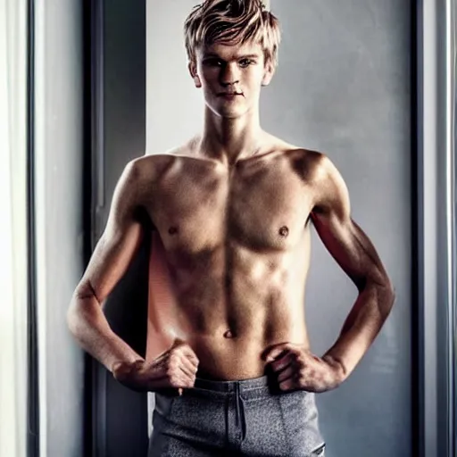 Image similar to a realistic detailed photo of a guy who is an attractive humanoid who is half robot and half humanoid, who is a male android, soccer player martin ødegaard, shiny skin, posing like a statue, blank stare, in a living room, on display, showing off his muscles