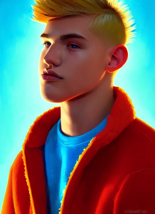 Image similar to portrait of high school senior boy named big moose, blonde short hair, jock, beefy, wide face, square jaw, square facial structure, blue varsity jacket with letter r, intricate, elegant, glowing lights, highly detailed, digital painting, artstation, concept art, sharp focus, illustration, art by wlop, mars ravelo and greg rutkowski