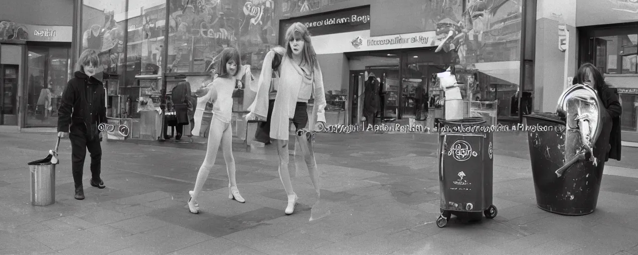 Image similar to Elden Ring:Liverpool 1980 a young woman tries to sneak past a giant dustbin knight outside Belle Vale Shopping Centre high quality professional photo AP PHOTOS