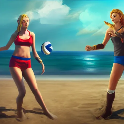 Prompt: a hyper real comic book style portait painting of zelda on the beach playing volleyball, unreal 5, hyperrealistic, octane render, cosplay, rpg portrait, dynamic lighting