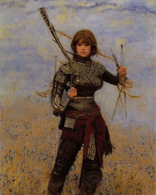 Image similar to a beautiful and strong female warrior by Boris Valejo and Laura Sava and Jules Bastien-Lepage