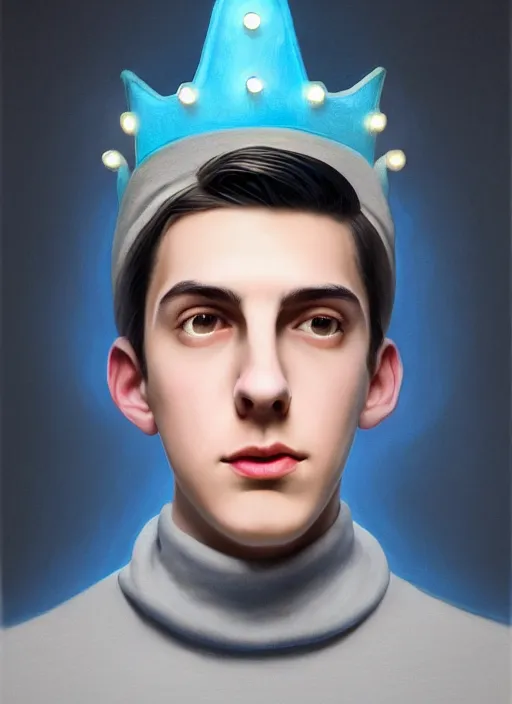 Image similar to portrait of teenage jughead jones wearing a light grey crown, crown, blue turtleneck, 1 9 5 0 s, closed eyes, photorealistic, black hair, glowing lighting, intricate, elegant, glowing lights, highly detailed, digital painting, artstation, concept art, smooth, sharp focus, illustration, art by wlop, mars ravelo and greg rutkowski