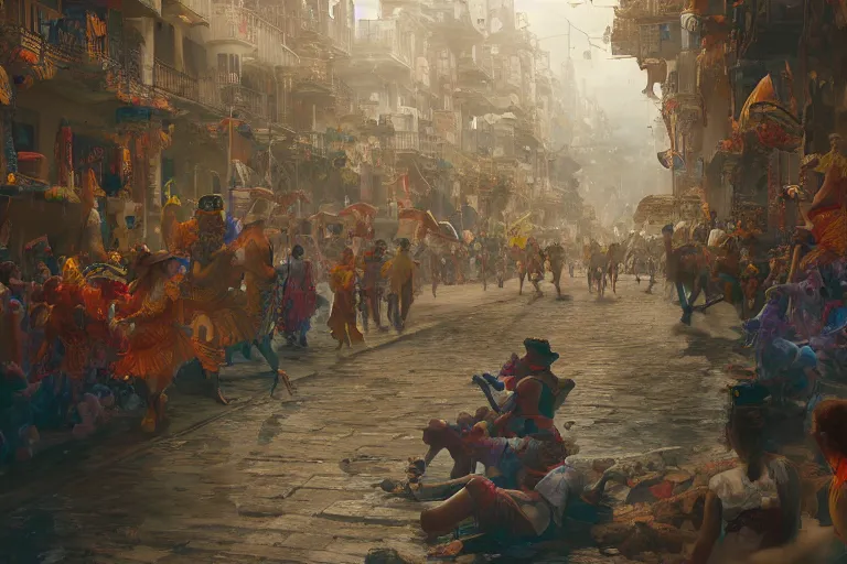 Image similar to carnaval de barranquilla colombia, thorough details, intricate, artstation, atmosphere, highly detailed, craig mullins, james jean, digital painting, deviantart, cinematic lighting, 4 k