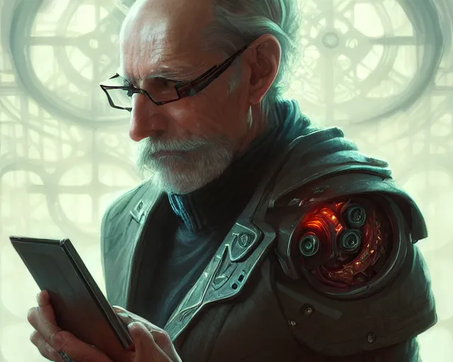 Image similar to oldman with cyberpunk implants, deep focus, d & d, fantasy, intricate, elegant, highly detailed, digital painting, artstation, concept art, matte, sharp focus, illustration, hearthstone, art by artgerm and greg rutkowski and alphonse mucha