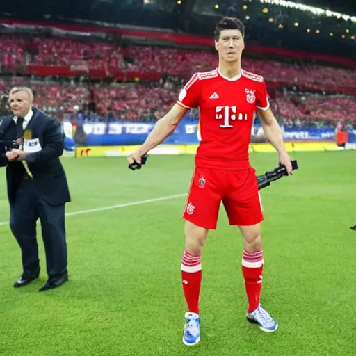 Image similar to robert lewandowski with a gun, fighting policemen