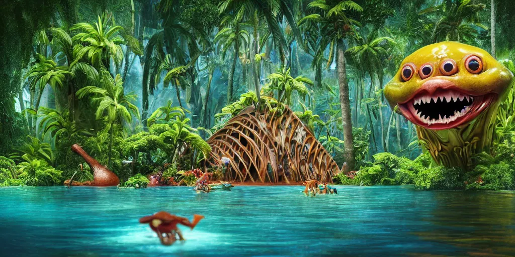 Image similar to of a tropical rainforest lake with strange cute friendly happy creatures with huge eyes, mouth, long tongue, round teeth and goofy face, appearing from the water, in the style of gehry and gaudi, macro lens, shallow depth of field, ultra detailed, digital painting, trending artstation, concept art, illustration, cinematic lighting, photorealism, epic, octane render