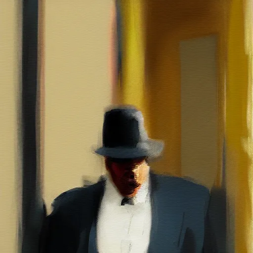 Prompt: impressionist painting of an anonymous man in a suit, standing in a doorway, artstation