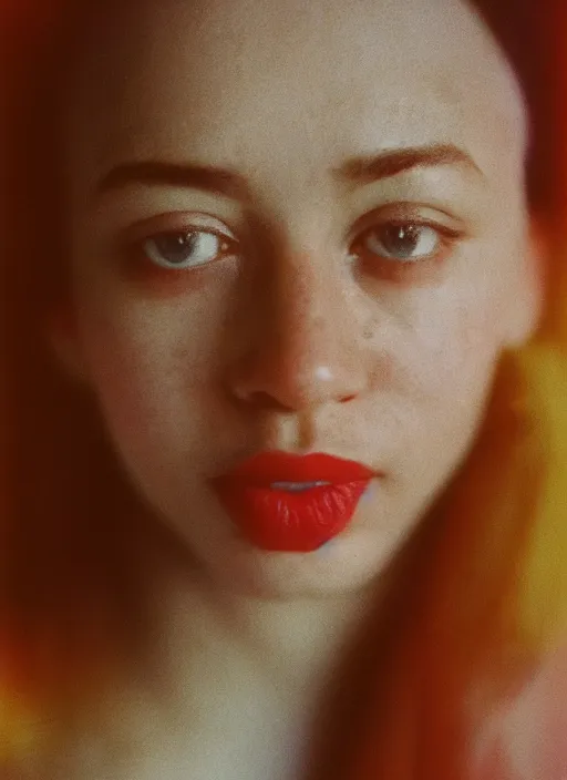 Image similar to close-up, color film photography, portrait of woman with vitiligo, in style of nan goldin, soft focus, golden hour, soft light, 35mm, film photo