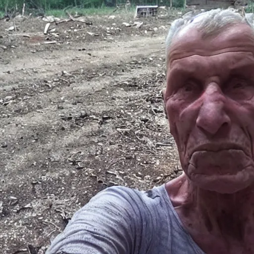 Image similar to last selfie of last alive scared ukrainian very damaged body to bones running from nuclear explosion