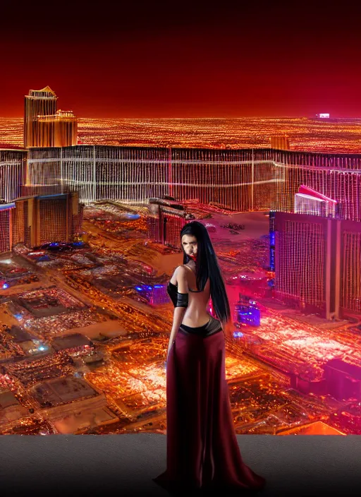 Prompt: full body portrait, vampire queen, blood, night shot of las vegas in background, highly detailed, CGsociety, subtle, concept art, HDR, hyper realistic, volumetric lighting, subsurface scattering, unreal