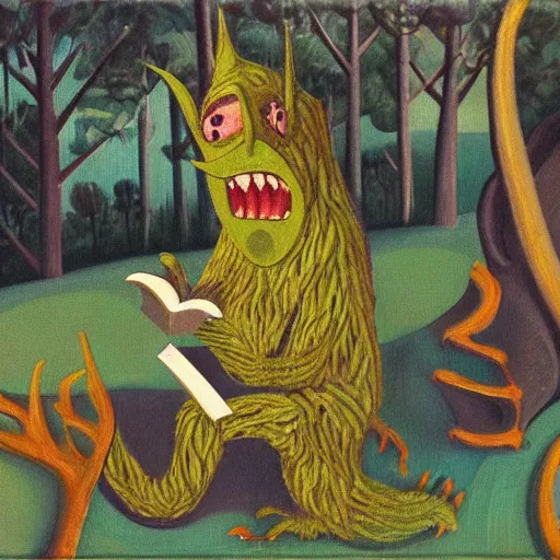 Image similar to monster reading a book in a forest, where the wild things are, bicycle nearby, oil on canvas, calm