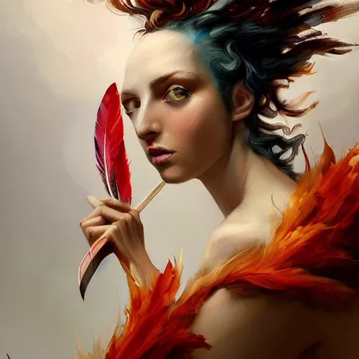 Prompt: a painting of a woman who made of curly white and transparent feathers with red edges is holding a sword, a digital painting by peter mohrbacher, trending on artstation, metaphysical painting, speedpainting, made of feathers, digital painting, holographic undertones, highly saturated colors, 4 k, digital art, concept art, trending on artstation