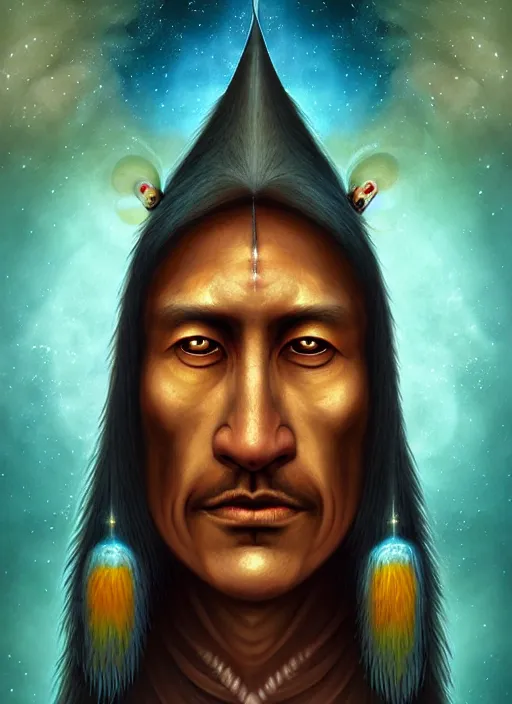 Prompt: matte symmetrical portrait of a wizard of the apache tribe revealing the ancient secret of how life entered the cosmos, noble bearing. by hieronymus bosch, cyril rolando, esher and natalie shau, whimsical, profound, impossible. trending on devaintart.