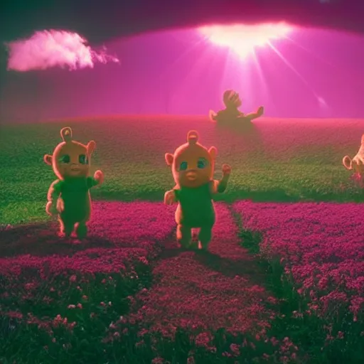 Image similar to a field of sinister teletubbies, film still, moody lighting, cinematic shot, vaporwave, dark and creepy, teletubbies in a field of flowers, the sun is a baby smiling sinisterly, 4 k, 8 k, masterpiece photo, award winning photography