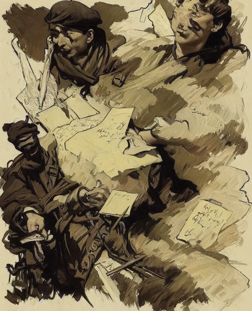 Image similar to a painting of lots of words in a hand written letter by a soldier in el alamein battle, wwii, black and white, jeremy mann, alphonse mucha