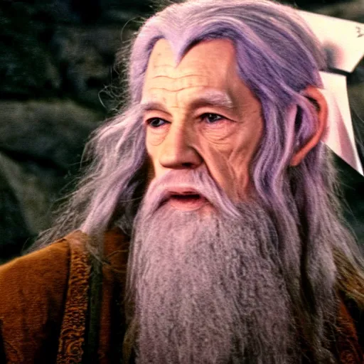 Image similar to portrait of gandalf with a pink bowtie on the side of his head, holding a blank playing card up to the camera, movie still from the lord of the rings