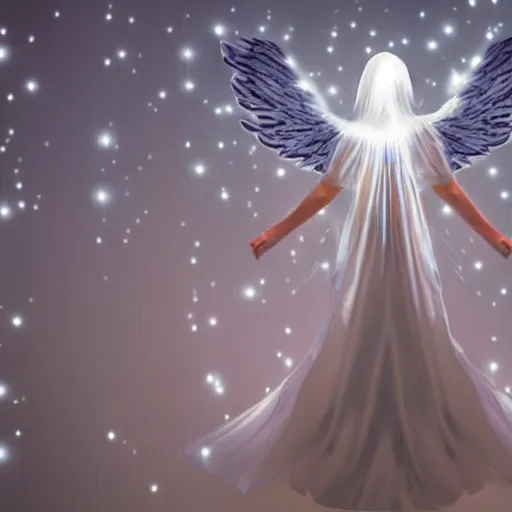 Prompt: a female angel with lights and white wings on background white