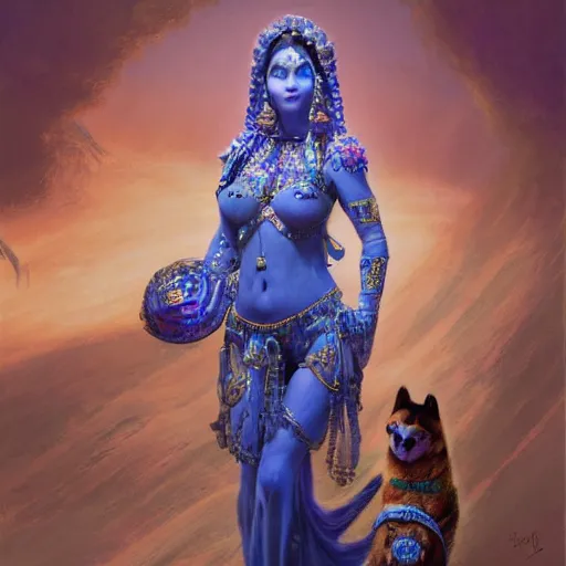 Image similar to cute female bellydancer with 6 arms wearing blue plastic armor, anthropomorphic shiba inu, shiba inu face, stuning 3 d render, masterpiece, glowing holy aura, by donato giancola and greg rutkowski and wayne barlow and zdzisław beksinski, realistic face