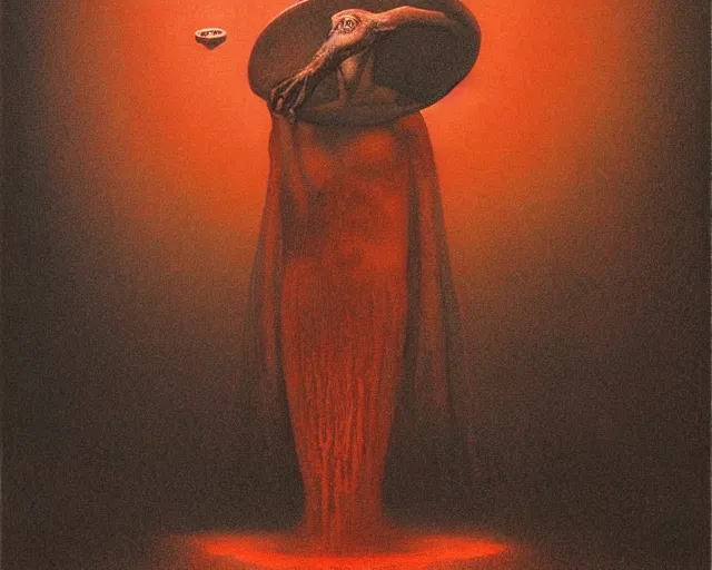 Image similar to lamprey by francis bacon, beksinski, mystical redscale photography evocative. devotion to the scarlet woman in her cathedral, priestess in a conical hat, coronation, ritual, sacrament