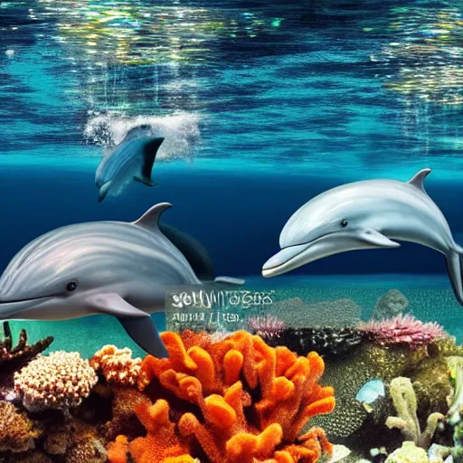 Prompt: colorful underwater view of dolphins and reef fish, realistic photo